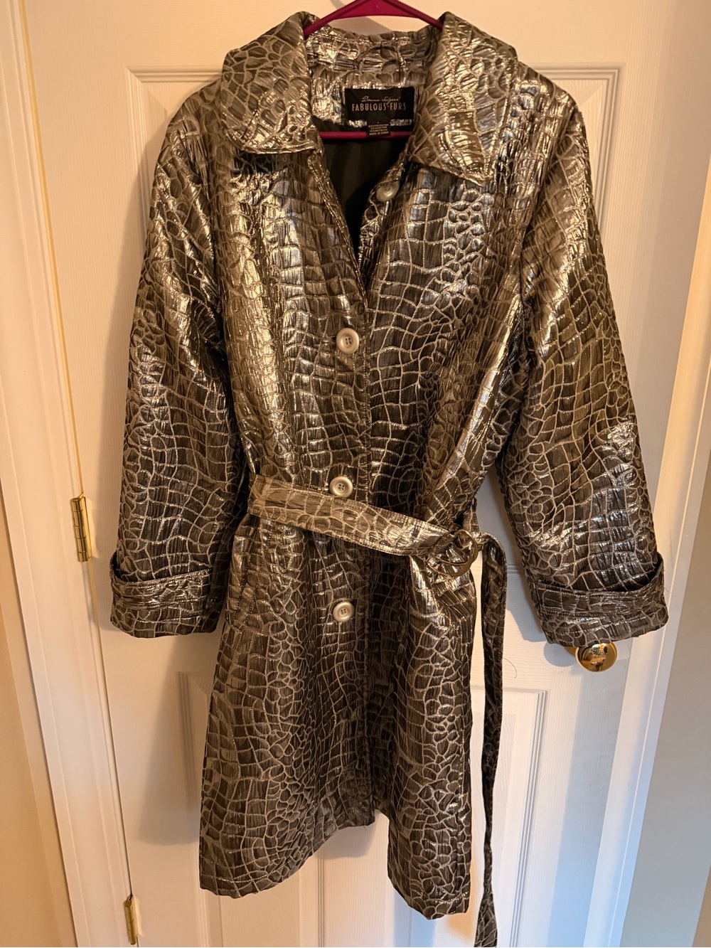 Fabulous Furs Metallic Croc-Embossed Trench Coat in Silver